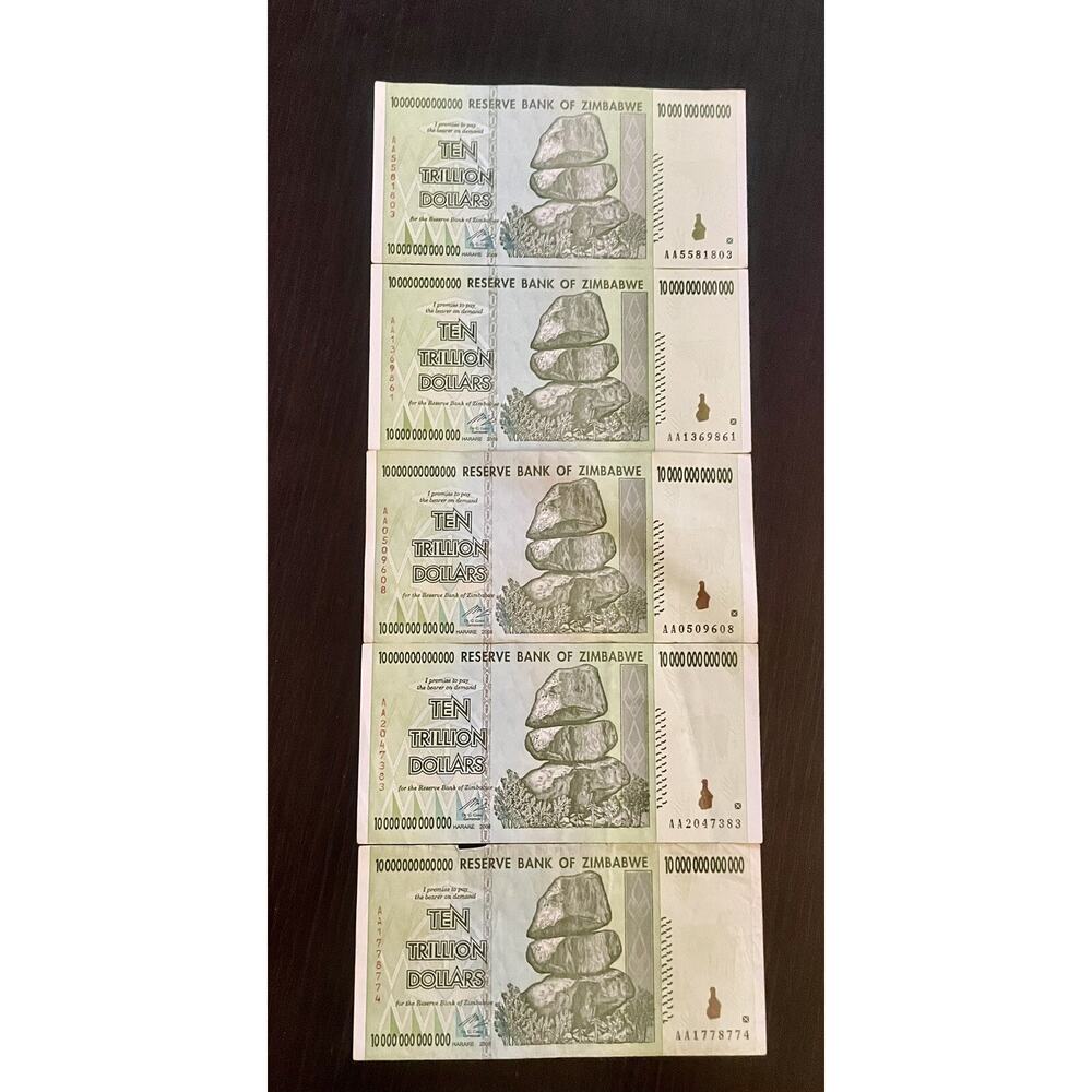 5 x 10 Trillion Zimbabwe Dollars Banknotes AA 2008 Currency‎ 100 % Authentic